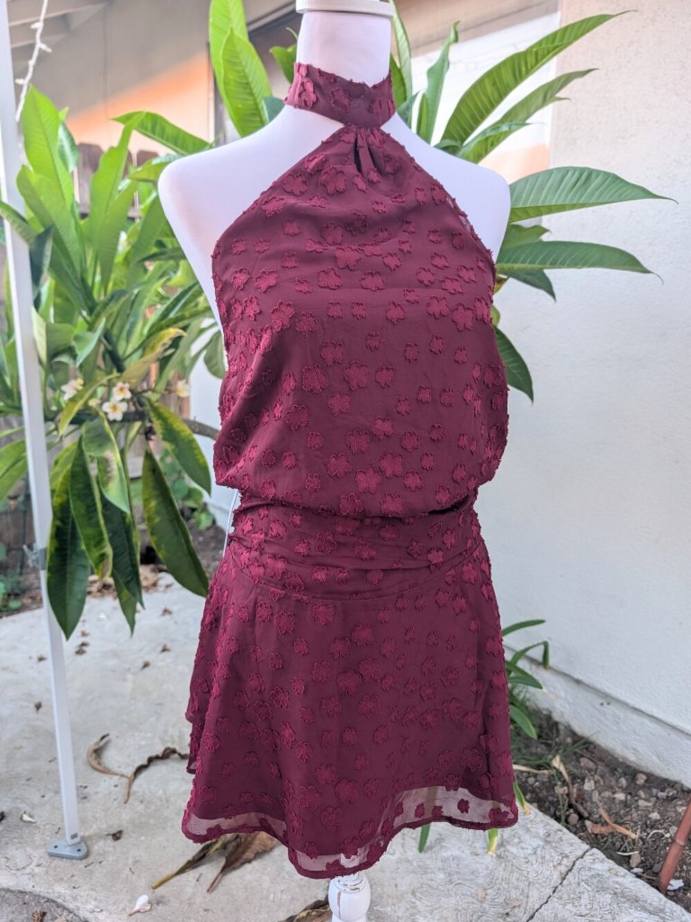 Princess Polly Eurythmic scarf halter mini dress Burgundy jacquard 6 NWT - Picture 7 of 15
